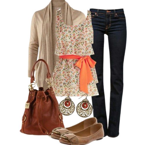Conjunto completo de blusa, jean, chaqueta y accesorios